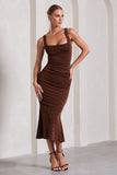 Evora Chocolate Ruched Square-Neck Midi Dress