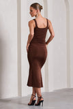 Evora Chocolate Ruched Square-Neck Midi Dress