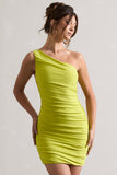Onyx Lime Ruched One Shoulder Mini Dress