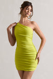 Onyx Lime Ruched One Shoulder Mini Dress
