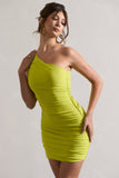 Onyx Lime Ruched One Shoulder Mini Dress