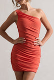 Onyx Orange Ruched One Shoulder Mini Dress