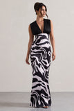 Azzara Zebra Print Satin Ruched V-Neck Maxi Dress