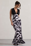 Azzara Zebra Print Satin Ruched V-Neck Maxi Dress