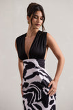Azzara Zebra Print Satin Ruched V-Neck Maxi Dress