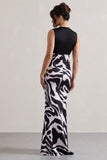 Azzara Zebra Print Satin Ruched V-Neck Maxi Dress