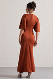 Elidy Terracotta Ruched Flutter-Sleeve Cut-Out Maxi Dress