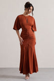 Elidy Terracotta Ruched Flutter-Sleeve Cut-Out Maxi Dress