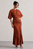 Elidy Terracotta Ruched Flutter-Sleeve Cut-Out Maxi Dress