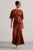 Elidy Terracotta Ruched Flutter-Sleeve Cut-Out Maxi Dress