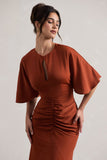 Elidy Terracotta Ruched Flutter-Sleeve Cut-Out Maxi Dress