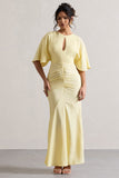Elidy Pastel Yellow Ruched Flutter-Sleeve Cut-Out Maxi Dress