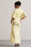 Elidy Pastel Yellow Ruched Flutter-Sleeve Cut-Out Maxi Dress
