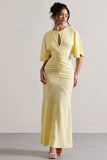 Elidy Pastel Yellow Ruched Flutter-Sleeve Cut-Out Maxi Dress