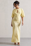 Elidy Pastel Yellow Ruched Flutter-Sleeve Cut-Out Maxi Dress
