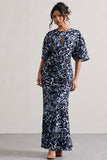 Elidy Animal Print Ruched Flutter-Sleeve Cut-Out Maxi Dress
