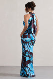 Adoria Floral Print Satin High-Neck Maxi Dress
