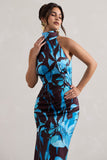 Adoria Floral Print Satin High-Neck Maxi Dress