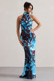 Adoria Floral Print Satin High-Neck Maxi Dress
