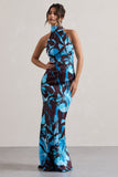 Adoria Floral Print Satin High-Neck Maxi Dress