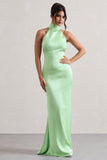 Adoria Light Green Satin High-Neck Maxi Dress