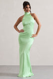 Adoria Light Green Satin High-Neck Maxi Dress