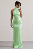 Adoria Light Green Satin High-Neck Maxi Dress