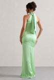 Adoria Light Green Satin High-Neck Maxi Dress