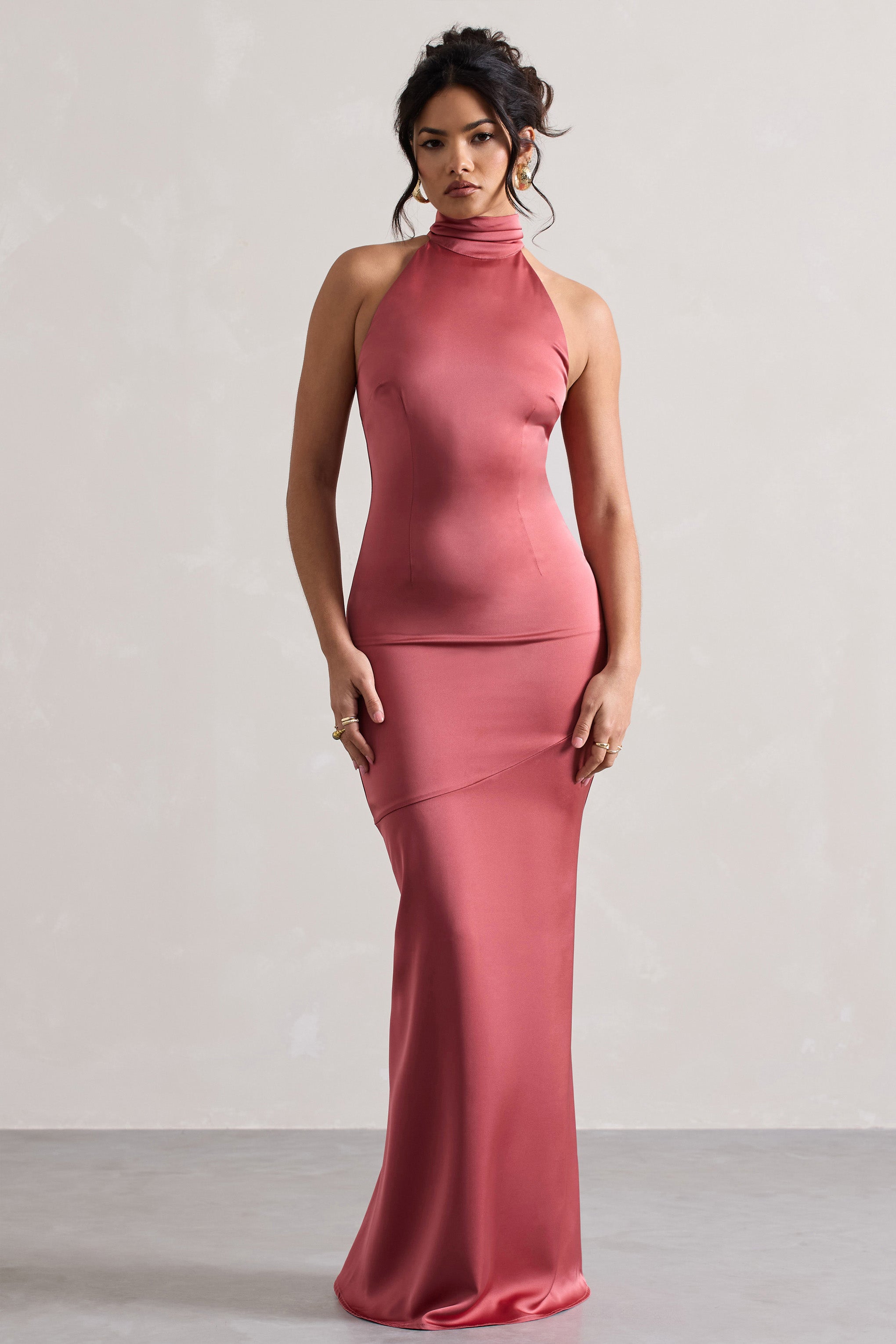Adoria Vintage Berry Satin High-Neck Maxi Dress