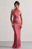 Adoria Vintage Berry Satin High-Neck Maxi Dress