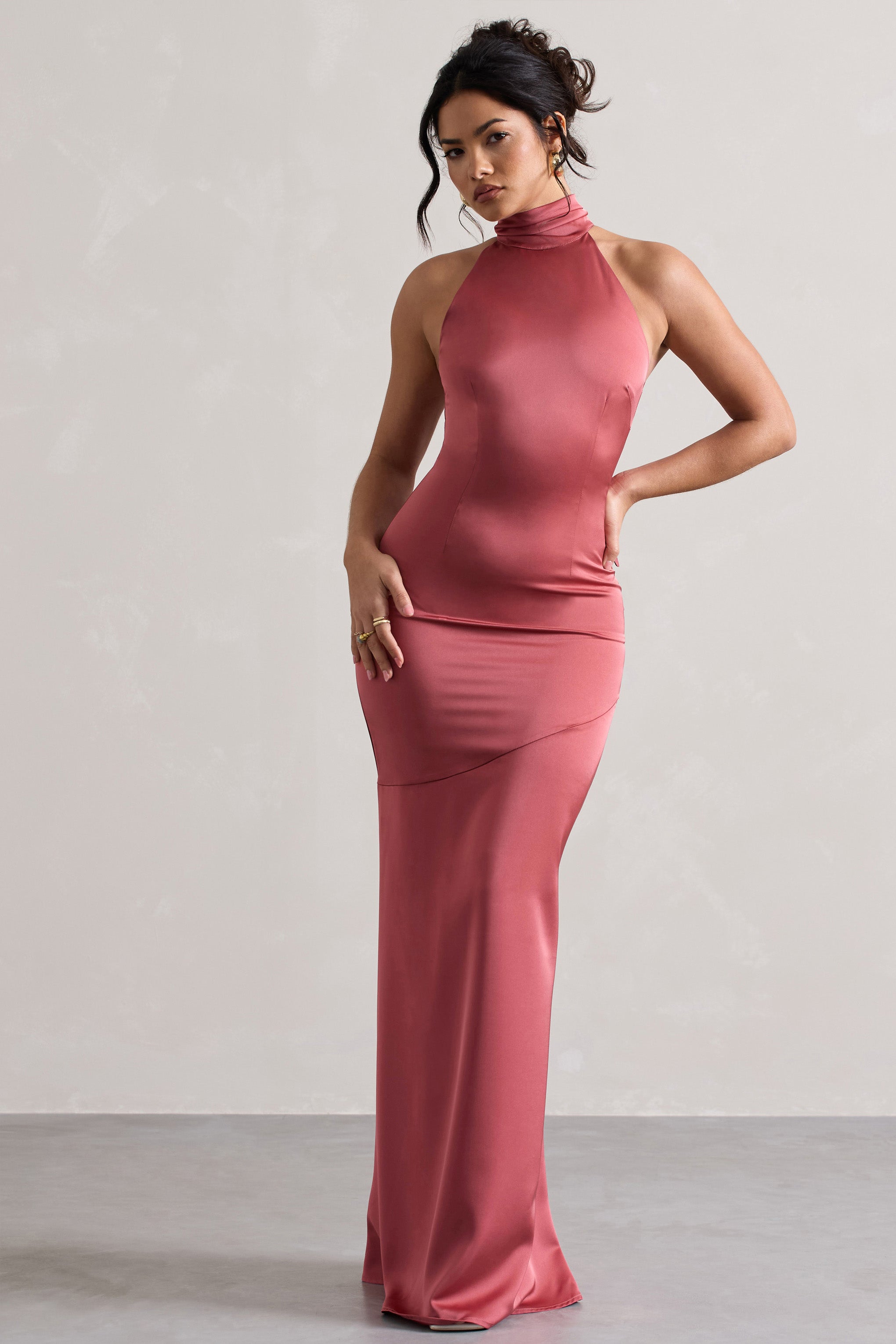 Adoria Vintage Berry Satin High-Neck Maxi Dress