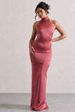Adoria Vintage Berry Satin High-Neck Maxi Dress