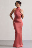 Adoria Vintage Berry Satin High-Neck Maxi Dress