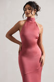 Adoria Vintage Berry Satin High-Neck Maxi Dress