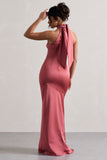 Adoria Vintage Berry Satin High-Neck Maxi Dress