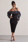 Couture Client Black & White Polka Dot Halter-Neck Puff Sleeve Midi Dress