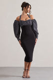 Couture Client Black & White Polka Dot Halter-Neck Puff Sleeve Midi Dress