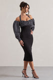 Couture Client Black & White Polka Dot Halter-Neck Puff Sleeve Midi Dress