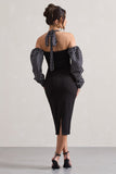Couture Client Black & White Polka Dot Halter-Neck Puff Sleeve Midi Dress