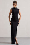 Lanetta Black Ruched High-Neck Maxi Dress With Split
