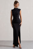 Lanetta Black Ruched High-Neck Maxi Dress With Split