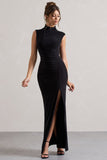Lanetta Black Ruched High-Neck Maxi Dress With Split