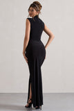 Lanetta Black Ruched High-Neck Maxi Dress With Split