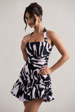Zahra Zebra Print Halter-Neck Ruched Mini Dress With Ruffle Hem