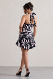 Zahra Zebra Print Halter-Neck Ruched Mini Dress With Ruffle Hem