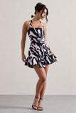 Zahra Zebra Print Halter-Neck Ruched Mini Dress With Ruffle Hem