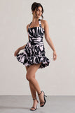 Zahra Zebra Print Halter-Neck Ruched Mini Dress With Ruffle Hem