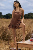 Zahra Chocolate Brown Halter-Neck Ruched Mini Dress With Ruffle Hem