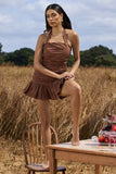 Zahra Chocolate Brown Halter-Neck Ruched Mini Dress With Ruffle Hem