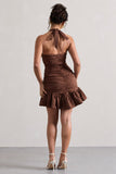 Zahra Chocolate Brown Halter-Neck Ruched Mini Dress With Ruffle Hem